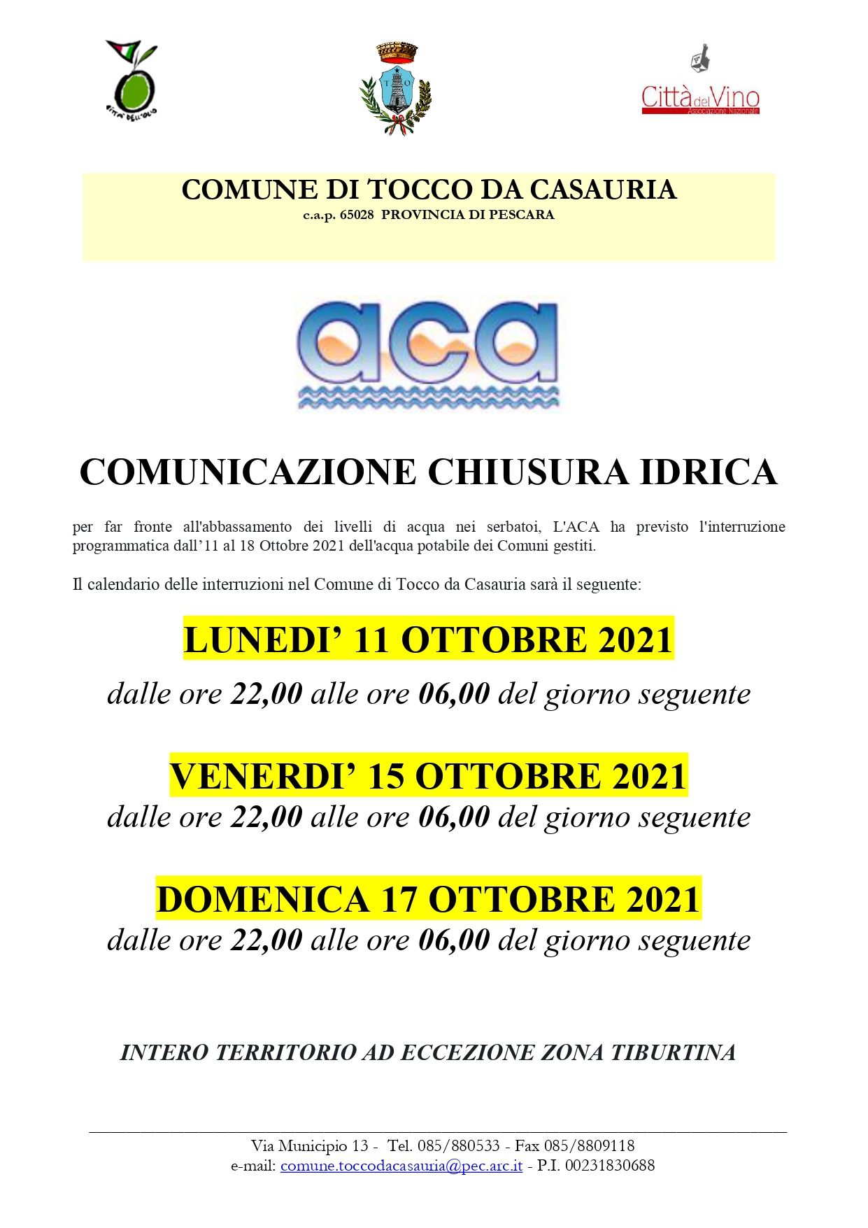 CALENDARIO CHIUSURA ACQUA